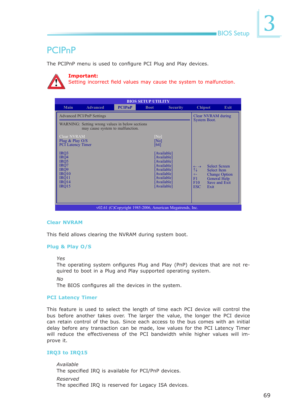 Pcipnp, Bios setup | DFI LR100-N16D User Manual | Page 69 / 126