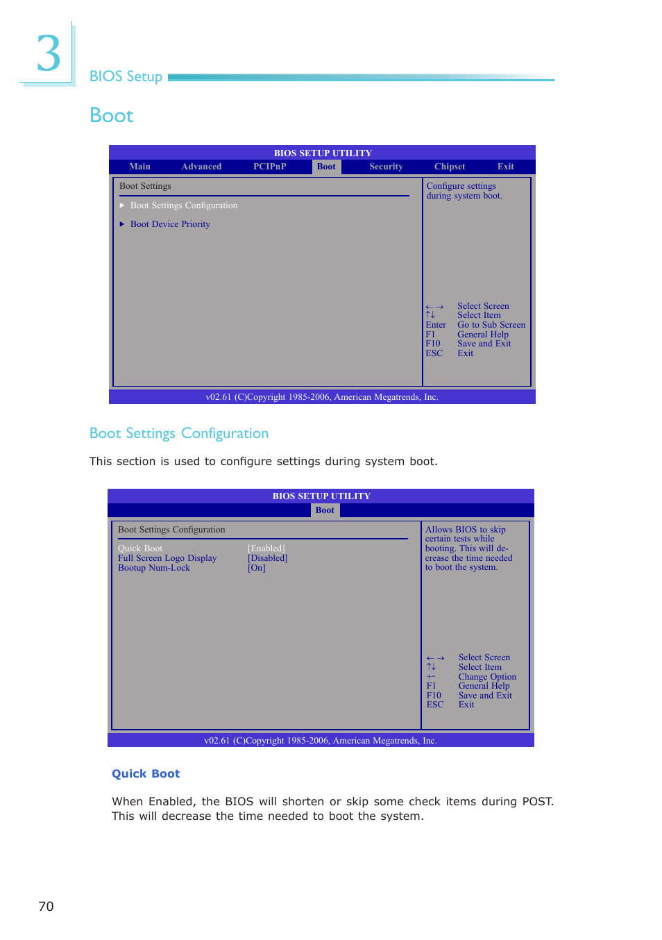 Boot, Bios setup, Boot settings configuration | DFI LR100-N16D User Manual | Page 70 / 126
