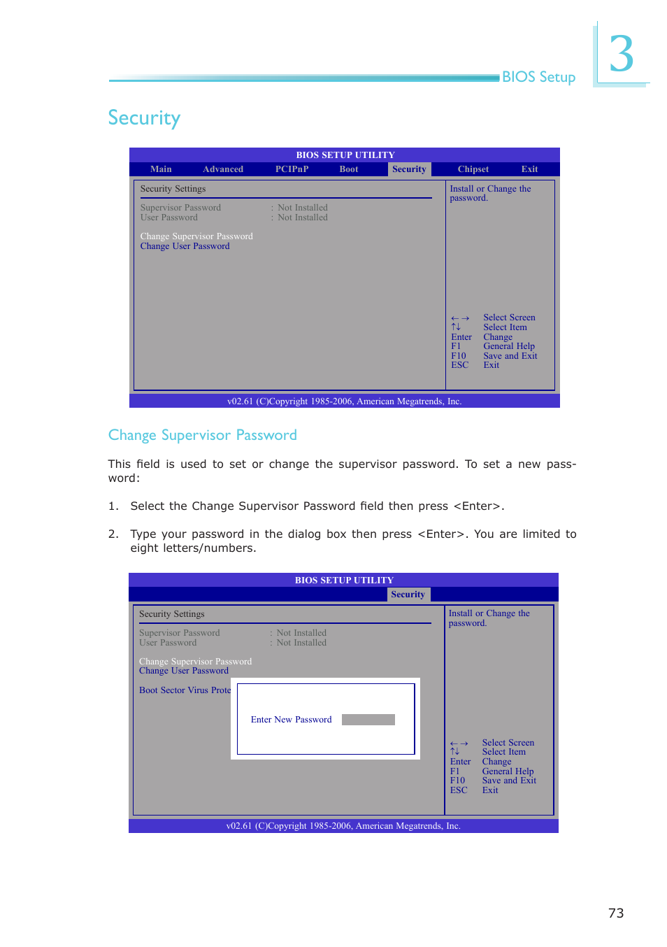 Security, Bios setup, Change supervisor password | DFI LR100-N16D User Manual | Page 73 / 126