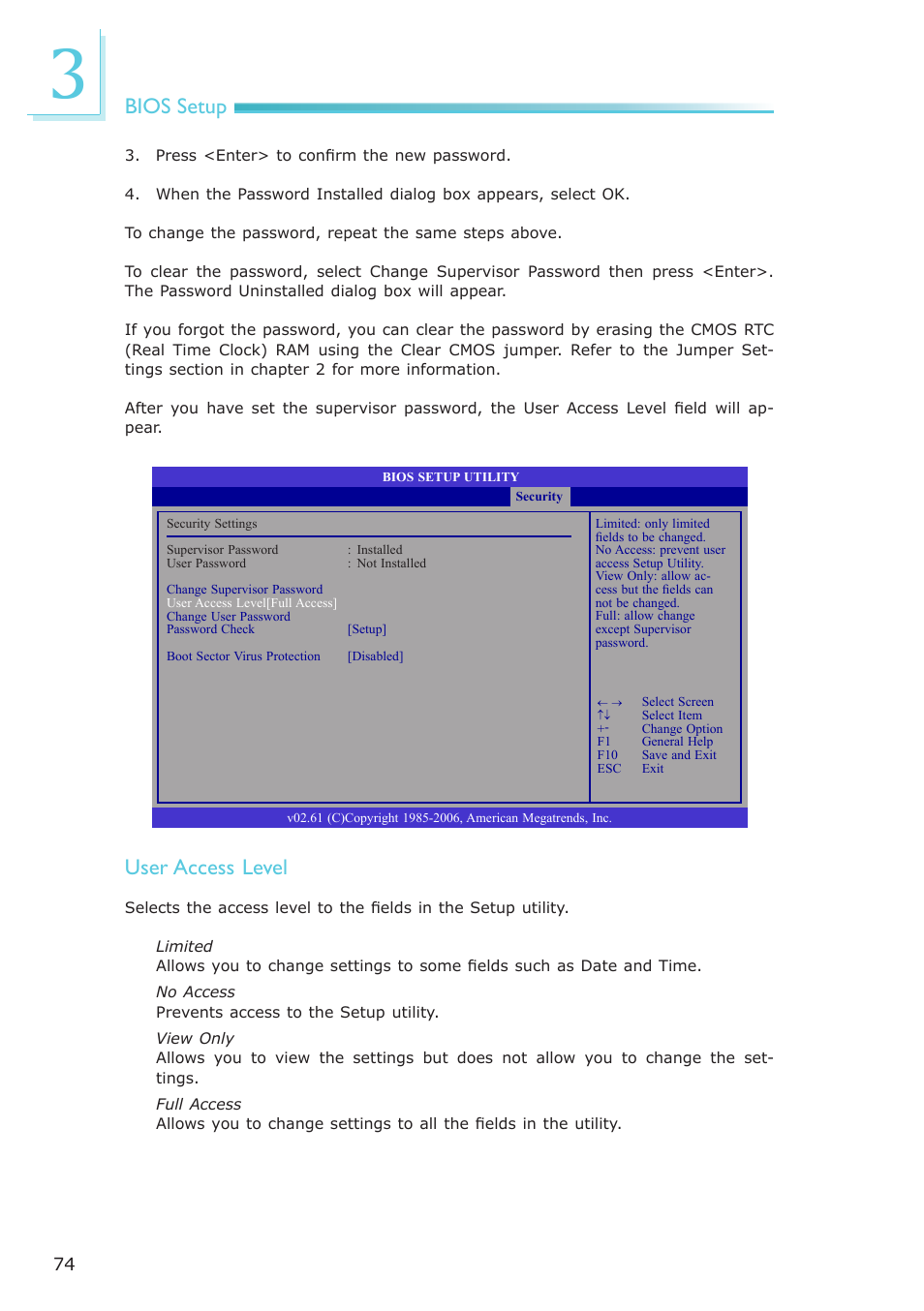Bios setup, User access level | DFI LR100-N16D User Manual | Page 74 / 126