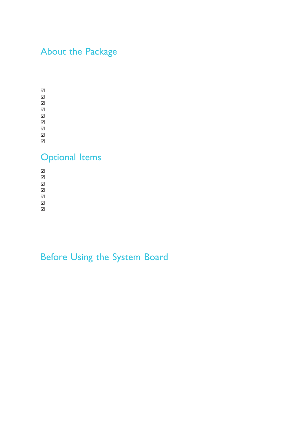 About the package, Before using the system board, Optional items | DFI LR100-N16D User Manual | Page 8 / 126
