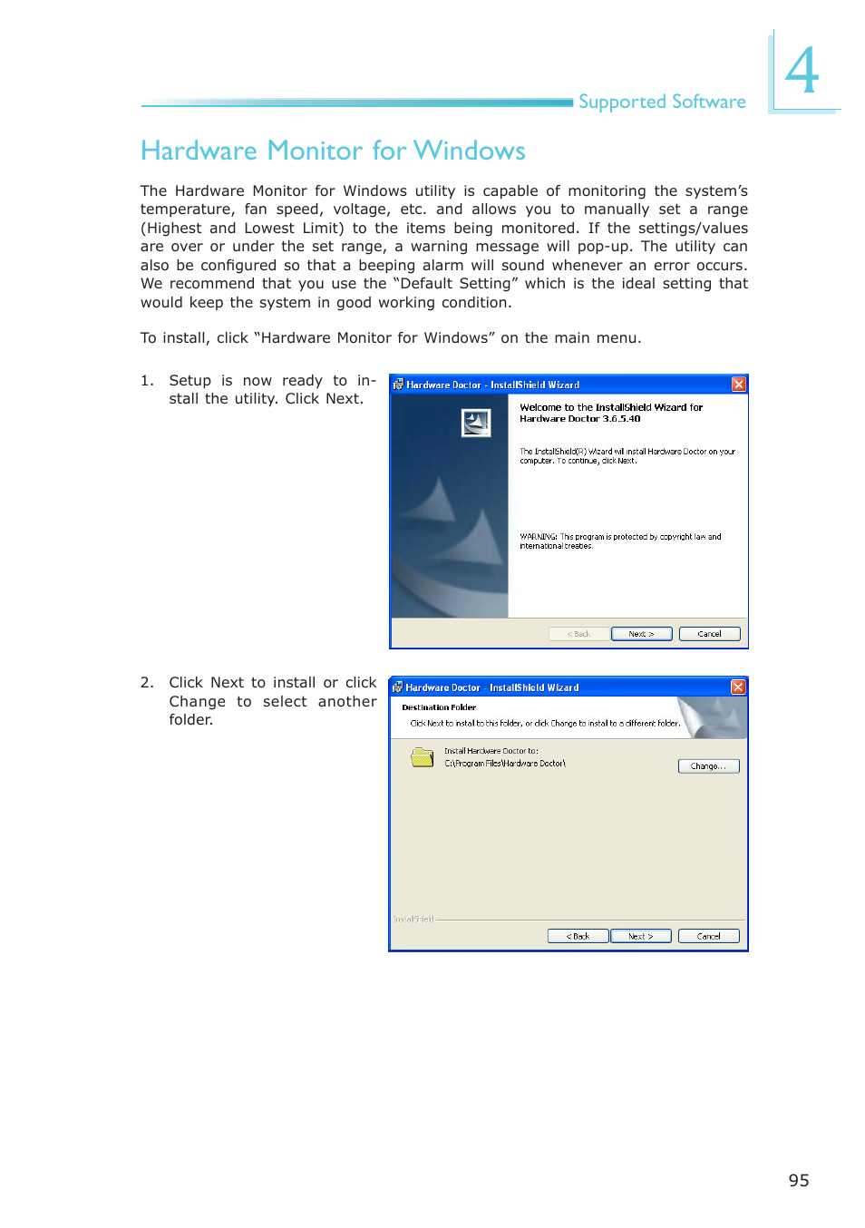 Hardware monitor for windows | DFI LR100-N16D User Manual | Page 95 / 126