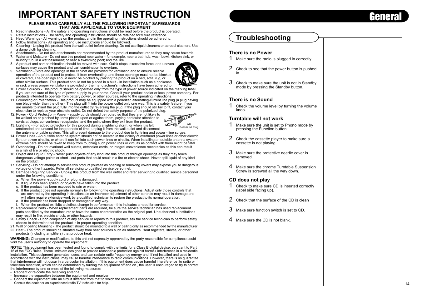 Important safety instruction, General, Troubleshooting | Crosley Radio Crosley Composer CD Recorder CR247 User Manual | Page 2 / 8