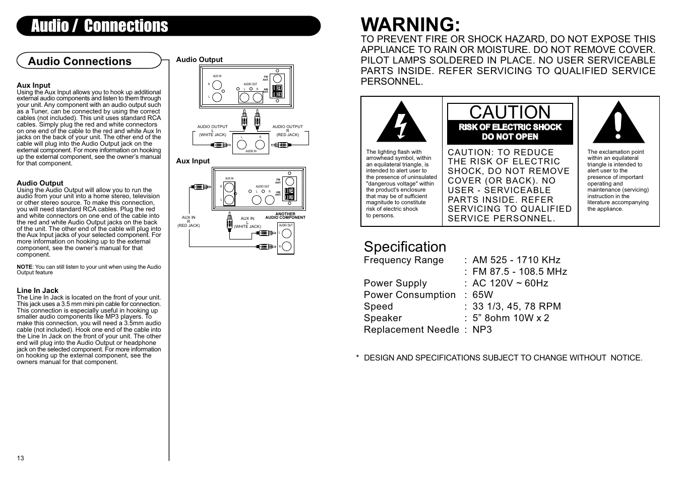 Warning, Caution, Audio / connections | Specification, Audio connections | Crosley Radio Crosley Composer CD Recorder CR247 User Manual | Page 3 / 8