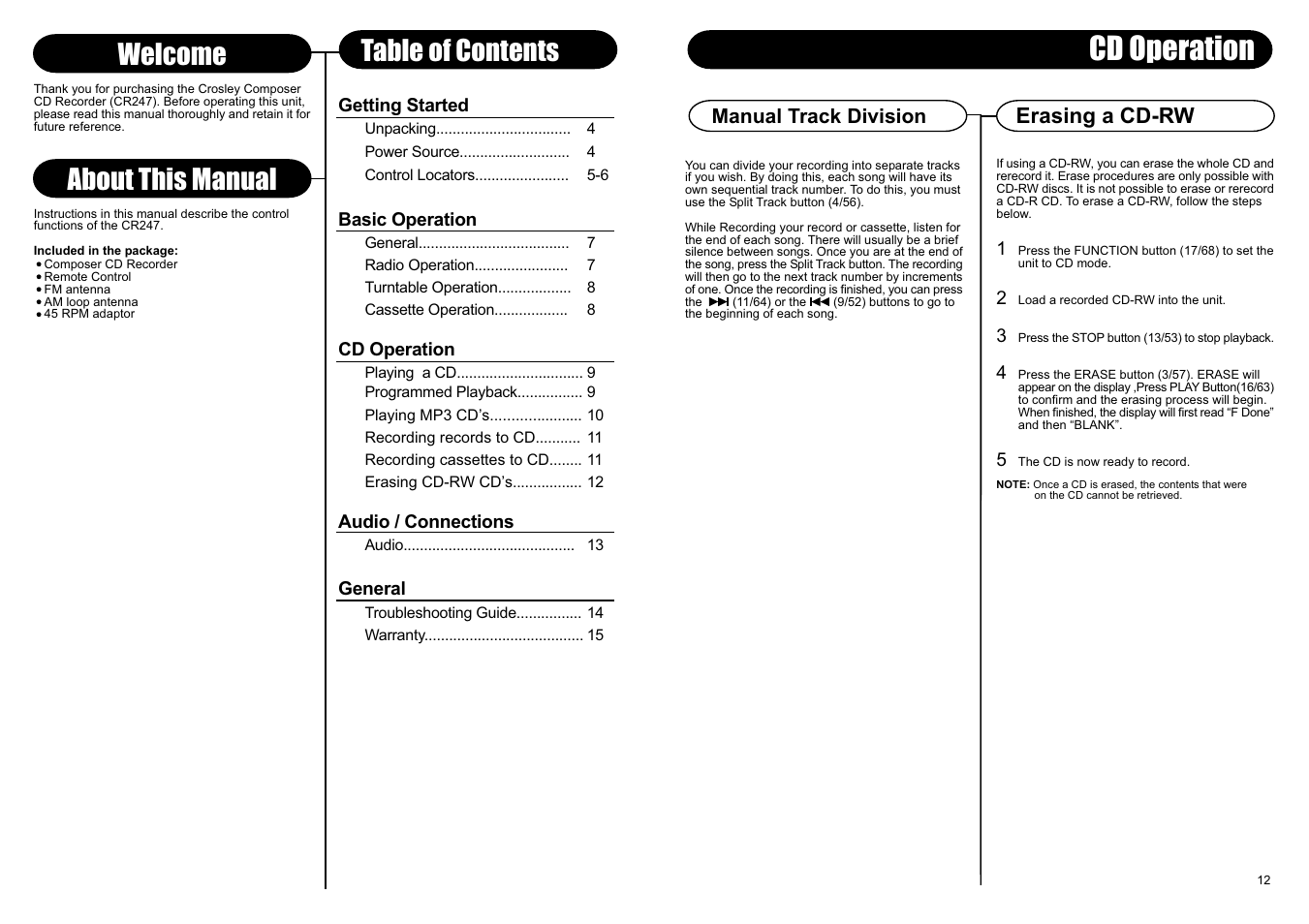 Cd operation, About this manual, Welcome table of contents | Erasing a cd-rw | Crosley Radio Crosley Composer CD Recorder CR247 User Manual | Page 4 / 8