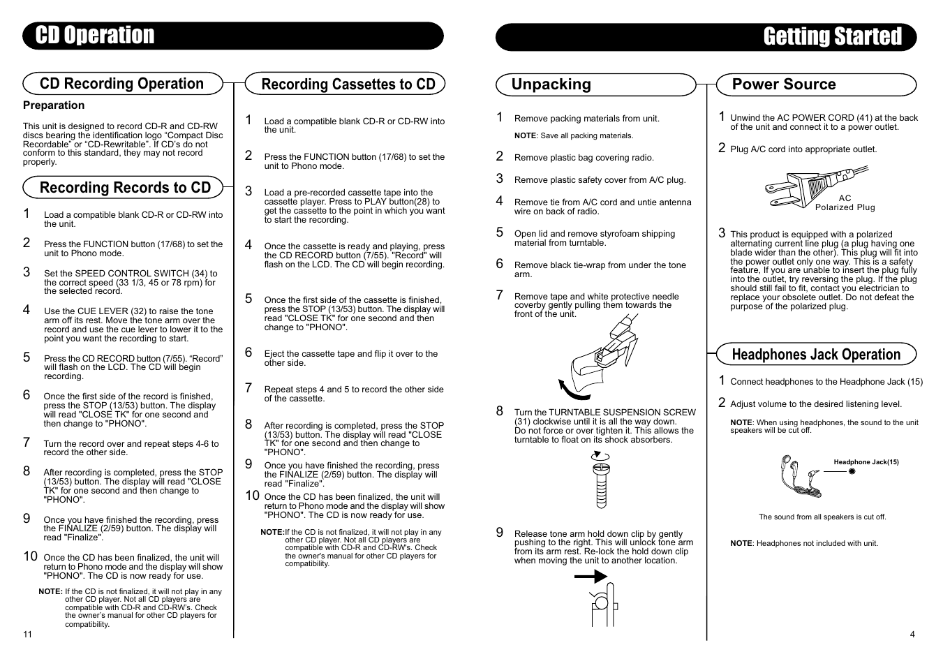 Getting started, Cd operation, Unpacking | Power source headphones jack operation, Cd recording operation, Recording records to cd recording cassettes to cd | Crosley Radio Crosley Composer CD Recorder CR247 User Manual | Page 5 / 8