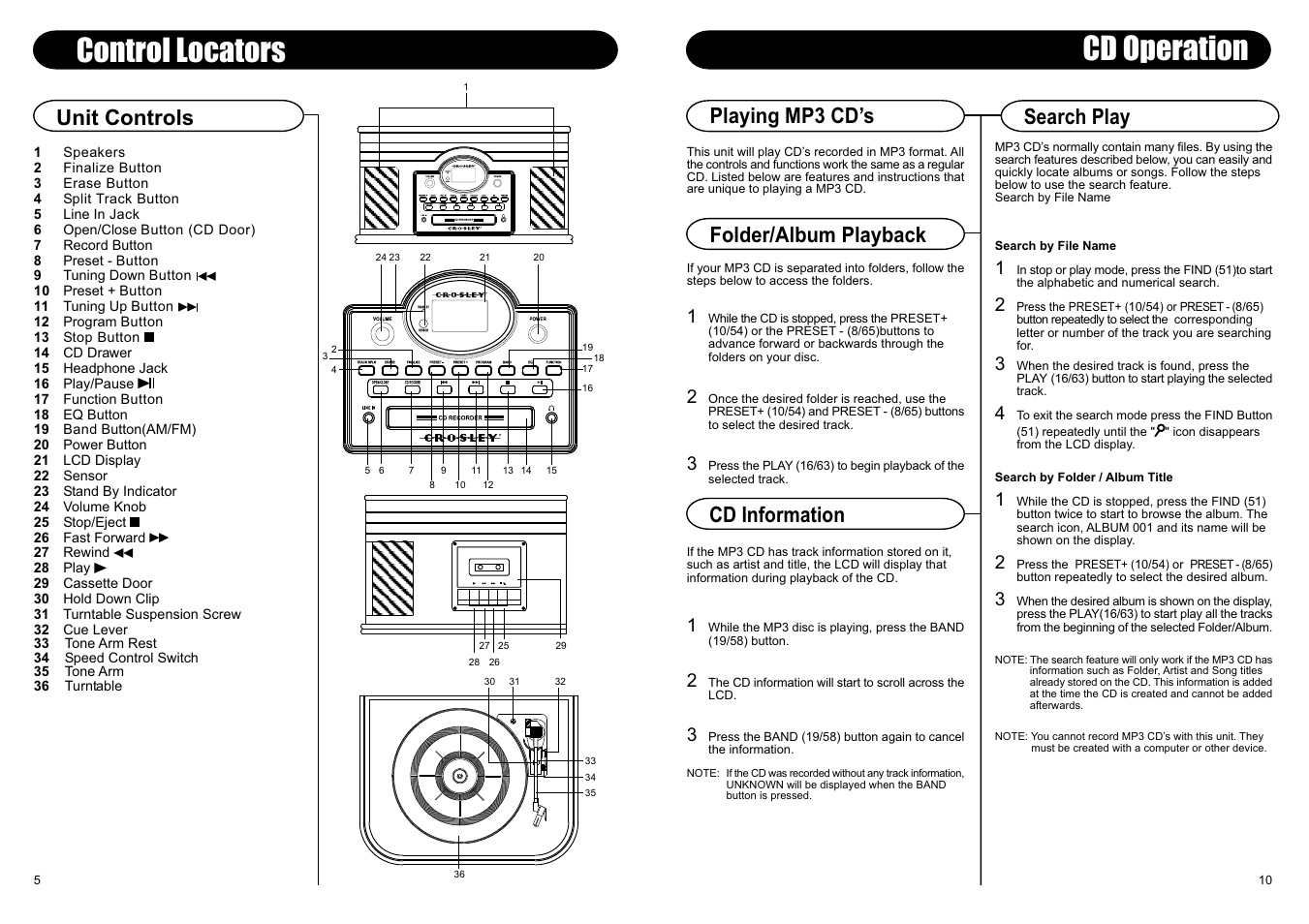 Cd operation, Control locators, Playing mp3 cds | Search play folder/album playback cd information, Unit controls | Crosley Radio Crosley Composer CD Recorder CR247 User Manual | Page 6 / 8