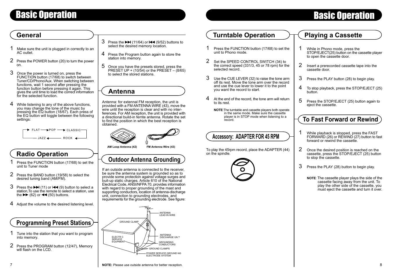 Basic operation, Antenna, Outdoor antenna grounding | General, Radio operation programming preset stations | Crosley Radio Crosley Composer CD Recorder CR247 User Manual | Page 8 / 8