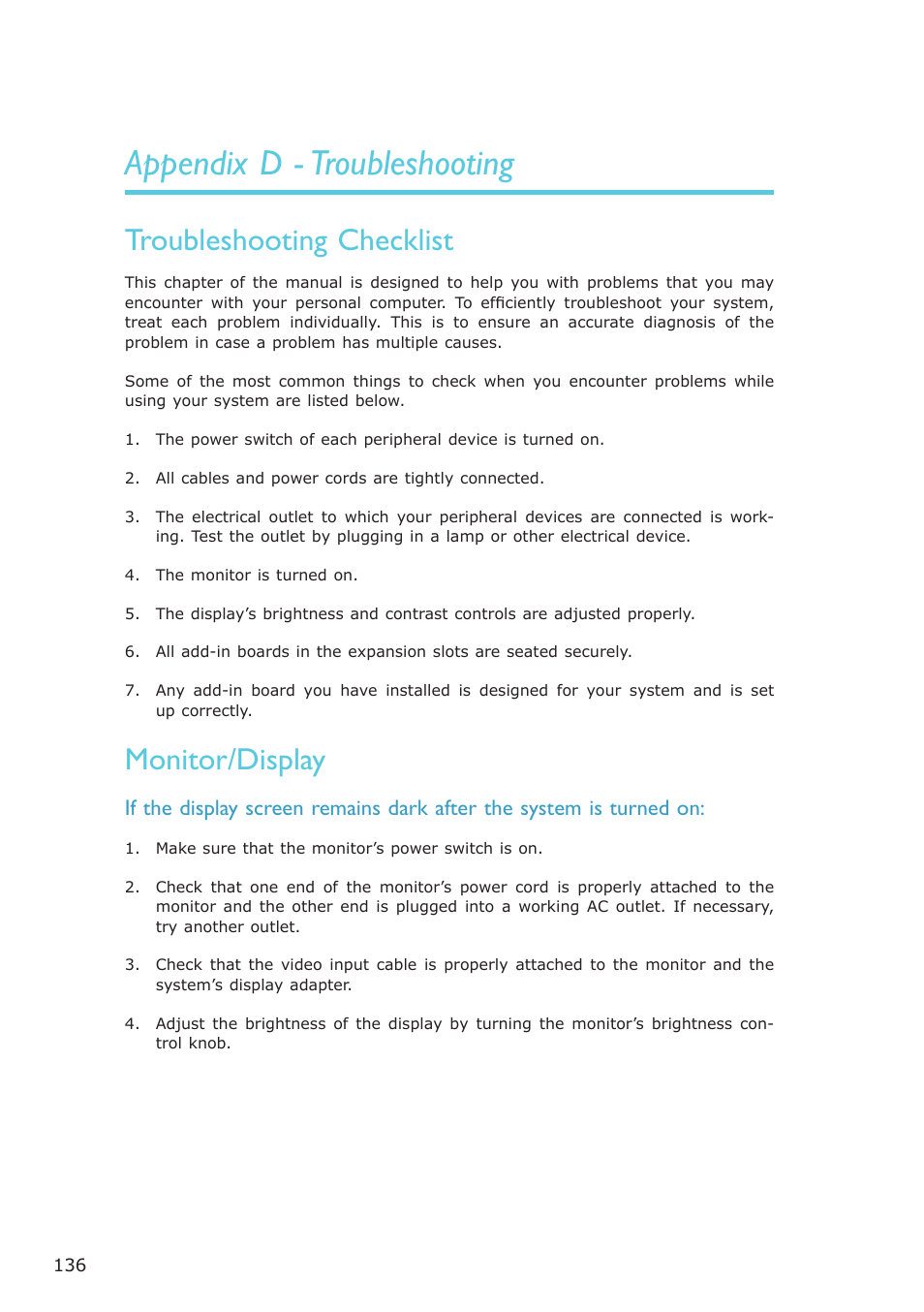 Appendix d - troubleshooting, Troubleshooting checklist, Monitor/display | DFI LR102-B18D/B18S User Manual | Page 136 / 138