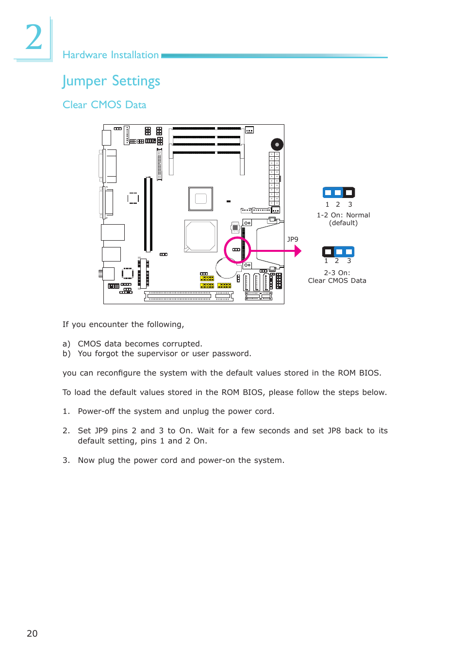 Jumper settings, Hardware installation, Clear cmos data | DFI LR102-B18D/B18S User Manual | Page 20 / 138