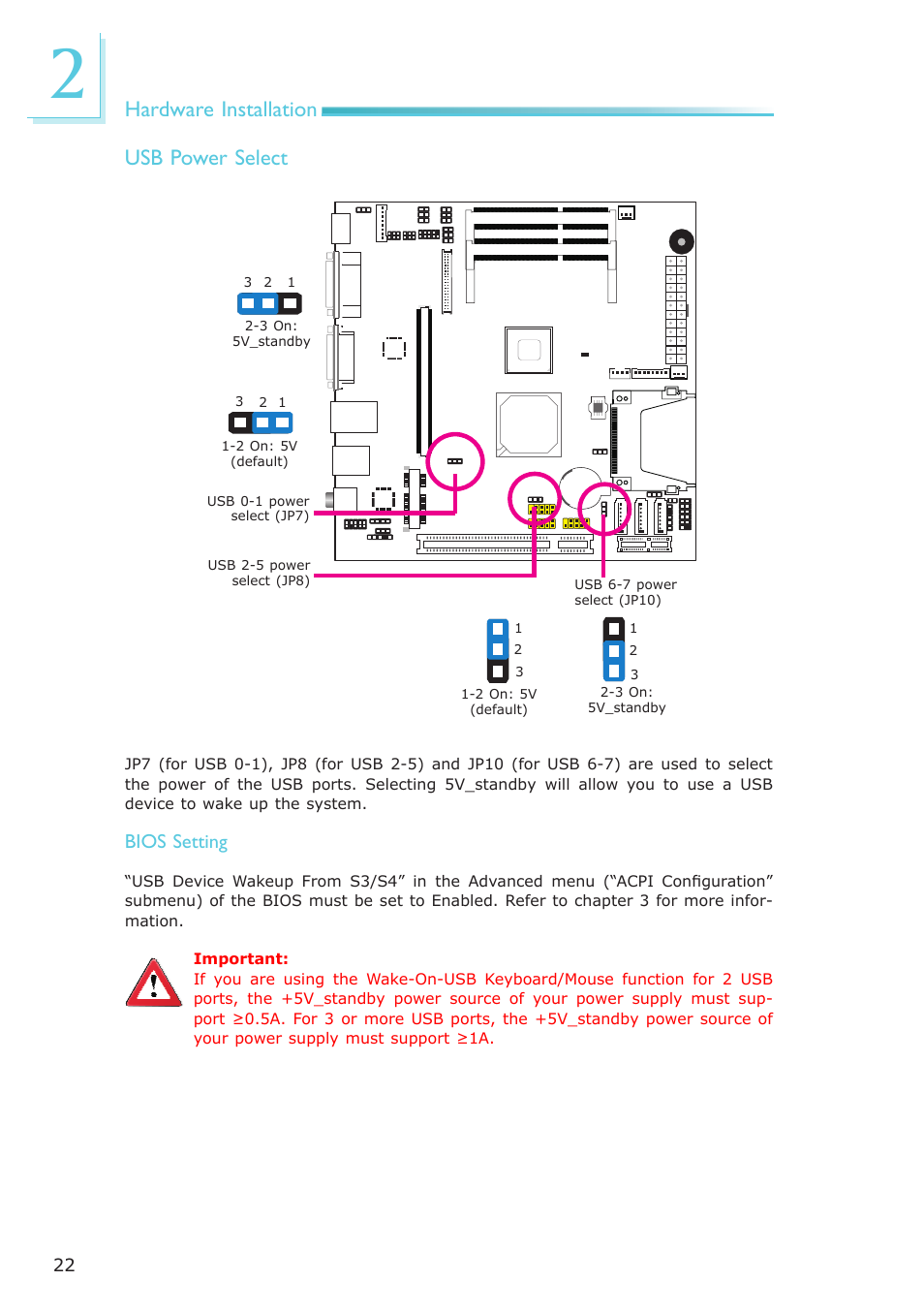Hardware installation, Usb power select, Bios setting | DFI LR102-B18D/B18S User Manual | Page 22 / 138