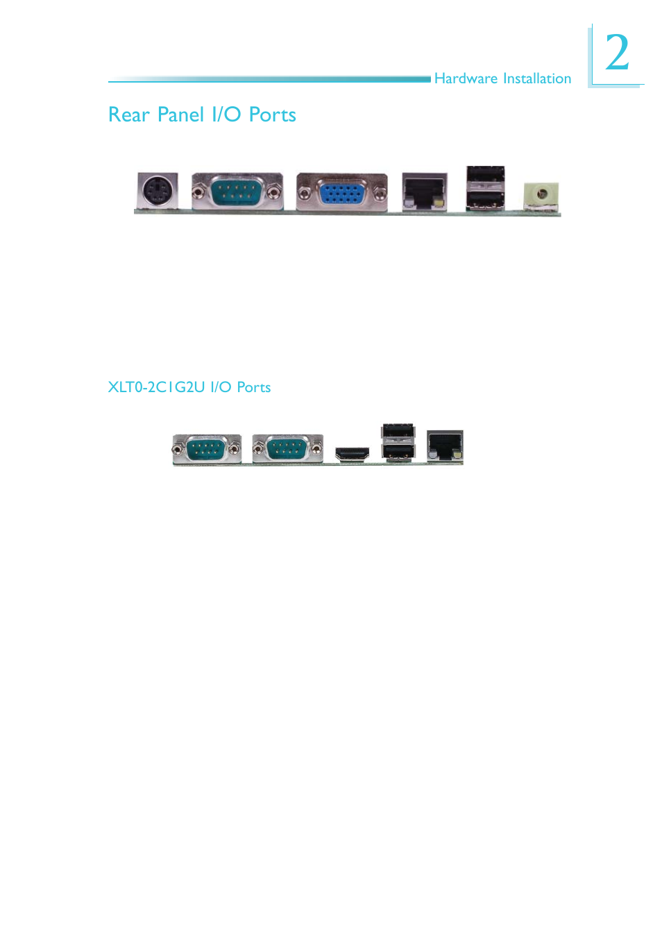 Rear panel i/o ports, Hardware installation, Xlt0-2c1g2u i/o ports | DFI LR102-B18D/B18S User Manual | Page 31 / 138