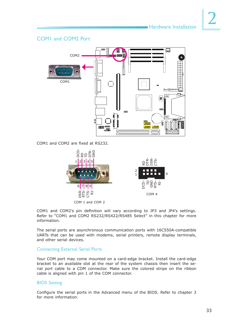 Hardware installation com1 and com2 port, Connecting external serial ports, Bios setting | DFI LR102-B18D/B18S User Manual | Page 33 / 138