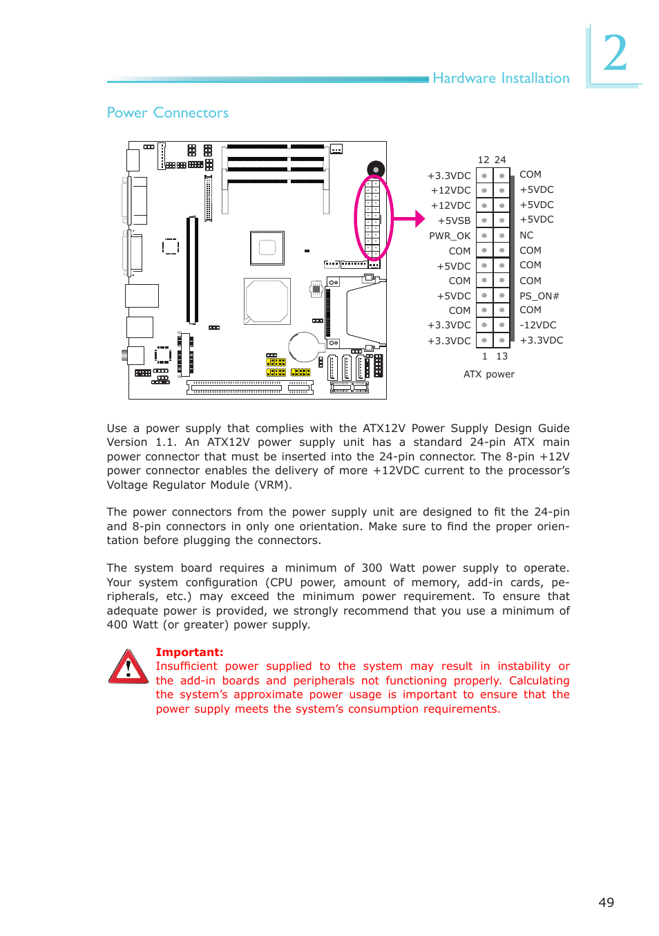Hardware installation power connectors | DFI LR102-B18D/B18S User Manual | Page 49 / 138
