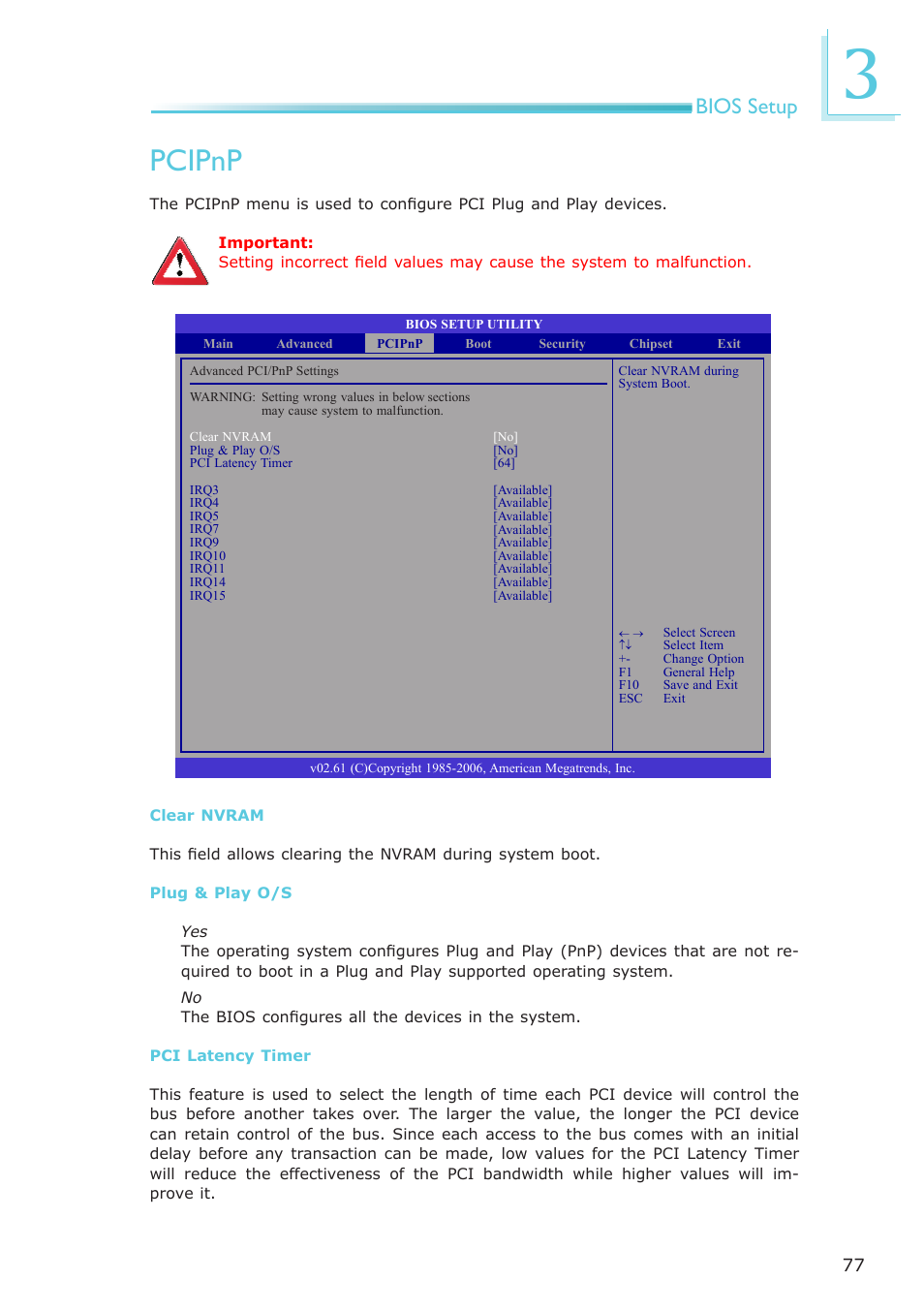 Pcipnp, Bios setup | DFI LR102-B18D/B18S User Manual | Page 77 / 138