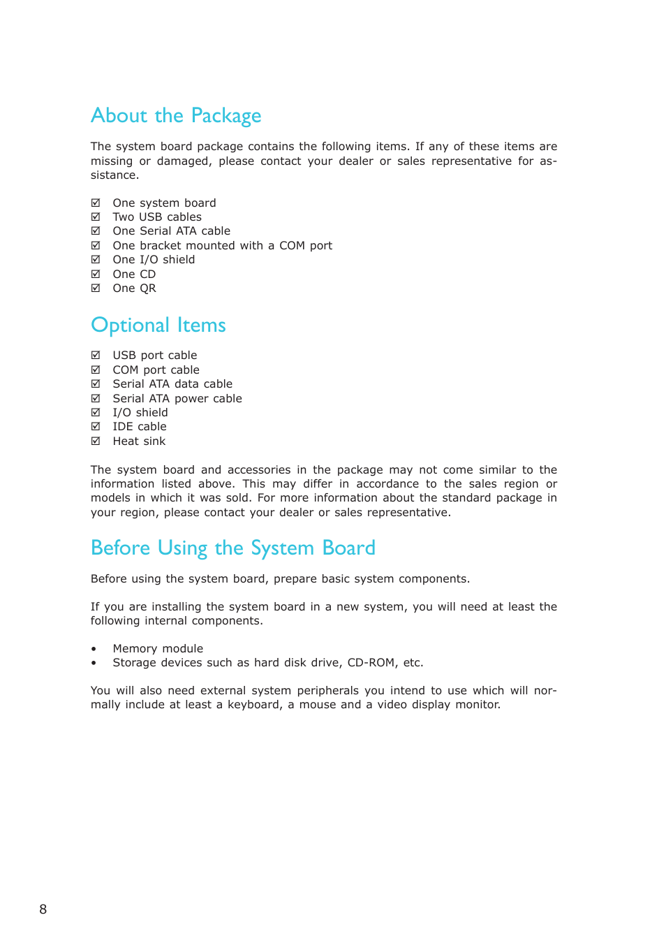 About the package, Before using the system board, Optional items | DFI LR102-B18D/B18S User Manual | Page 8 / 138