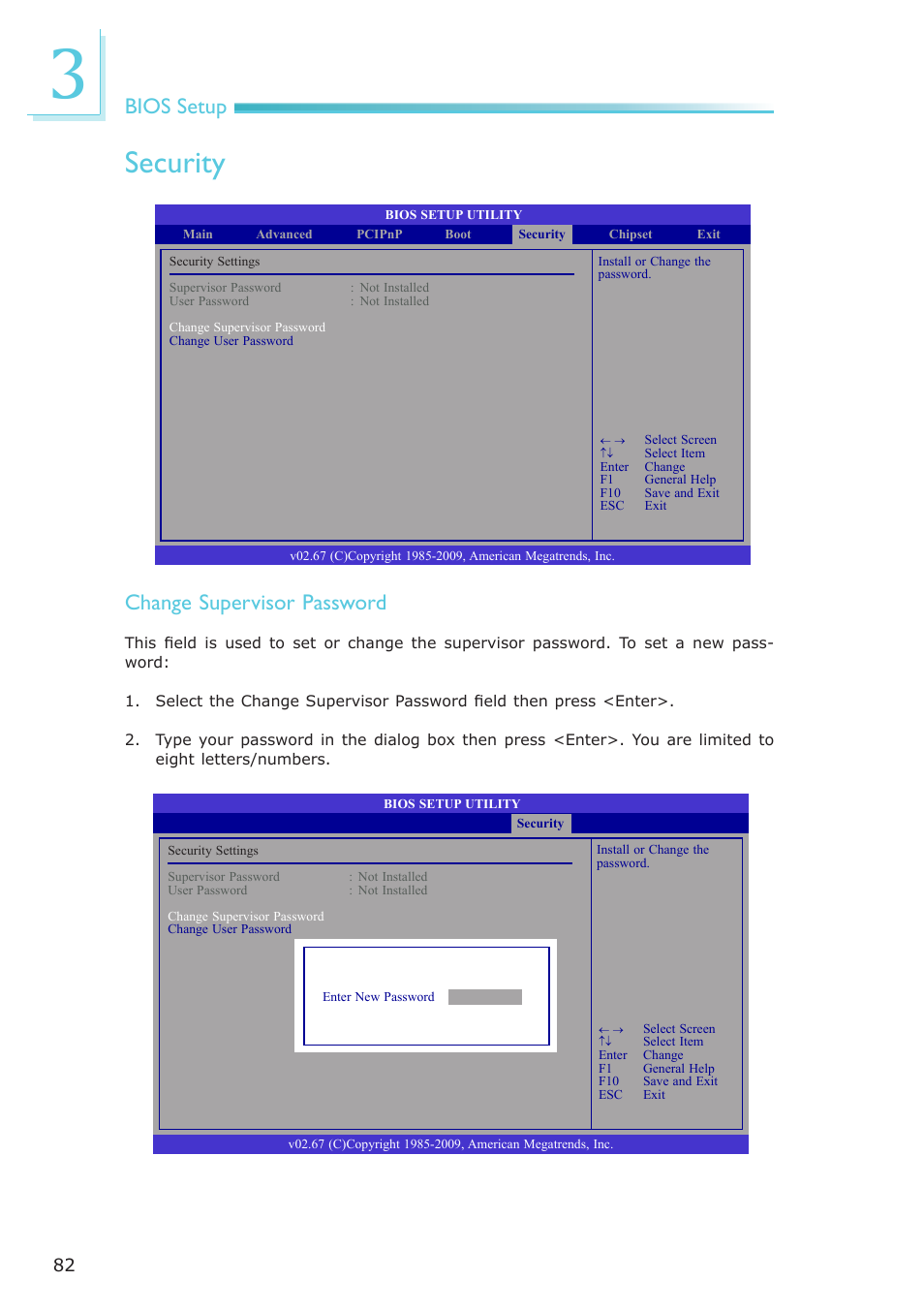 Security, Bios setup, Change supervisor password | DFI LR102-B18D/B18S User Manual | Page 82 / 138