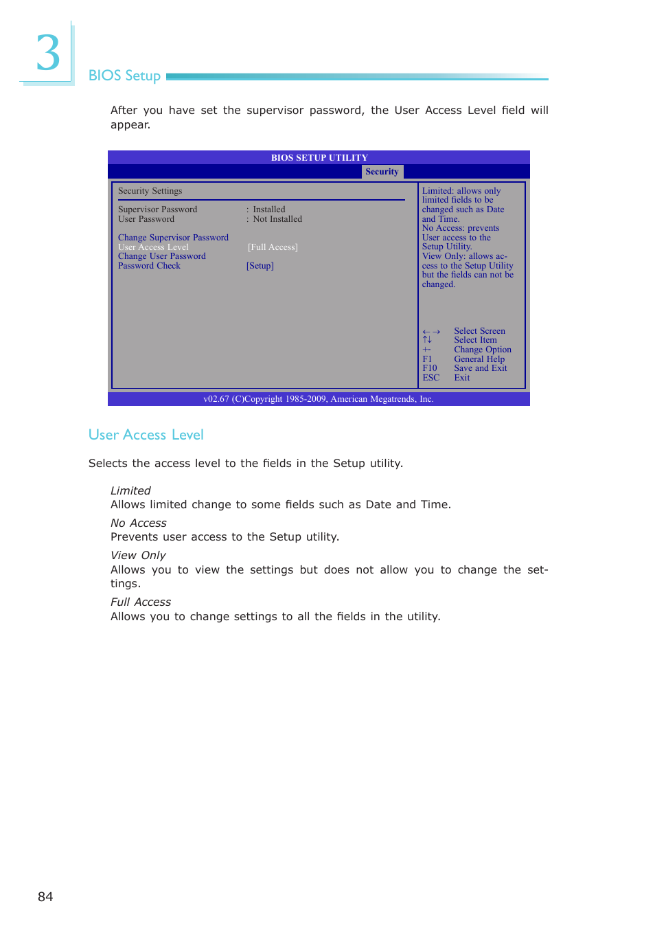 Bios setup, User access level | DFI LR102-B18D/B18S User Manual | Page 84 / 138