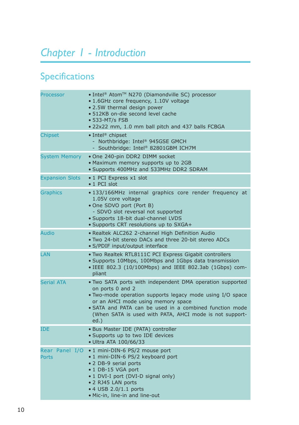 Chapter 1 - introduction, Specifications, Introduction | DFI NP100-N16C User Manual | Page 10 / 149