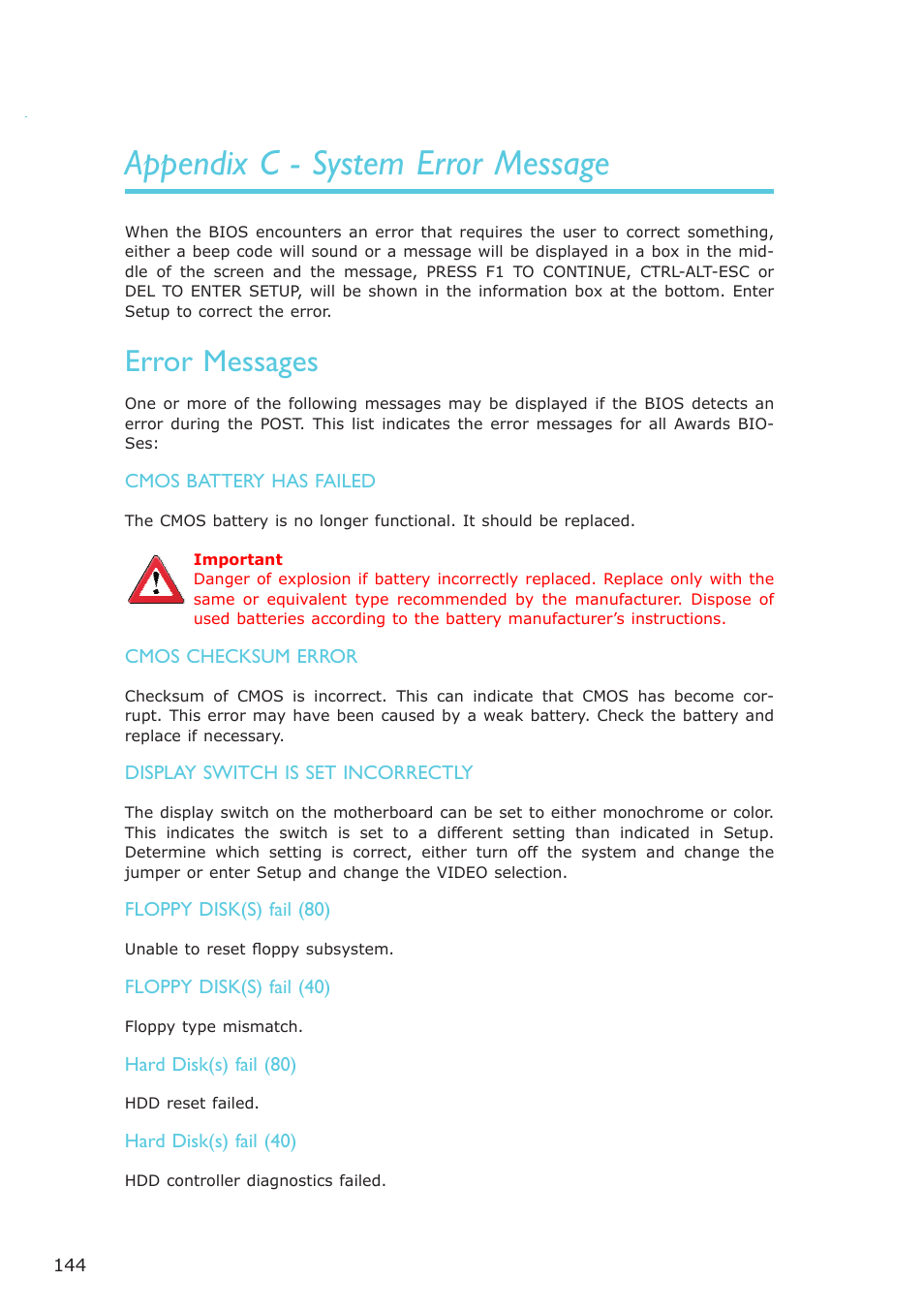Appendix c - system error message, Error messages | DFI NP100-N16C User Manual | Page 144 / 149