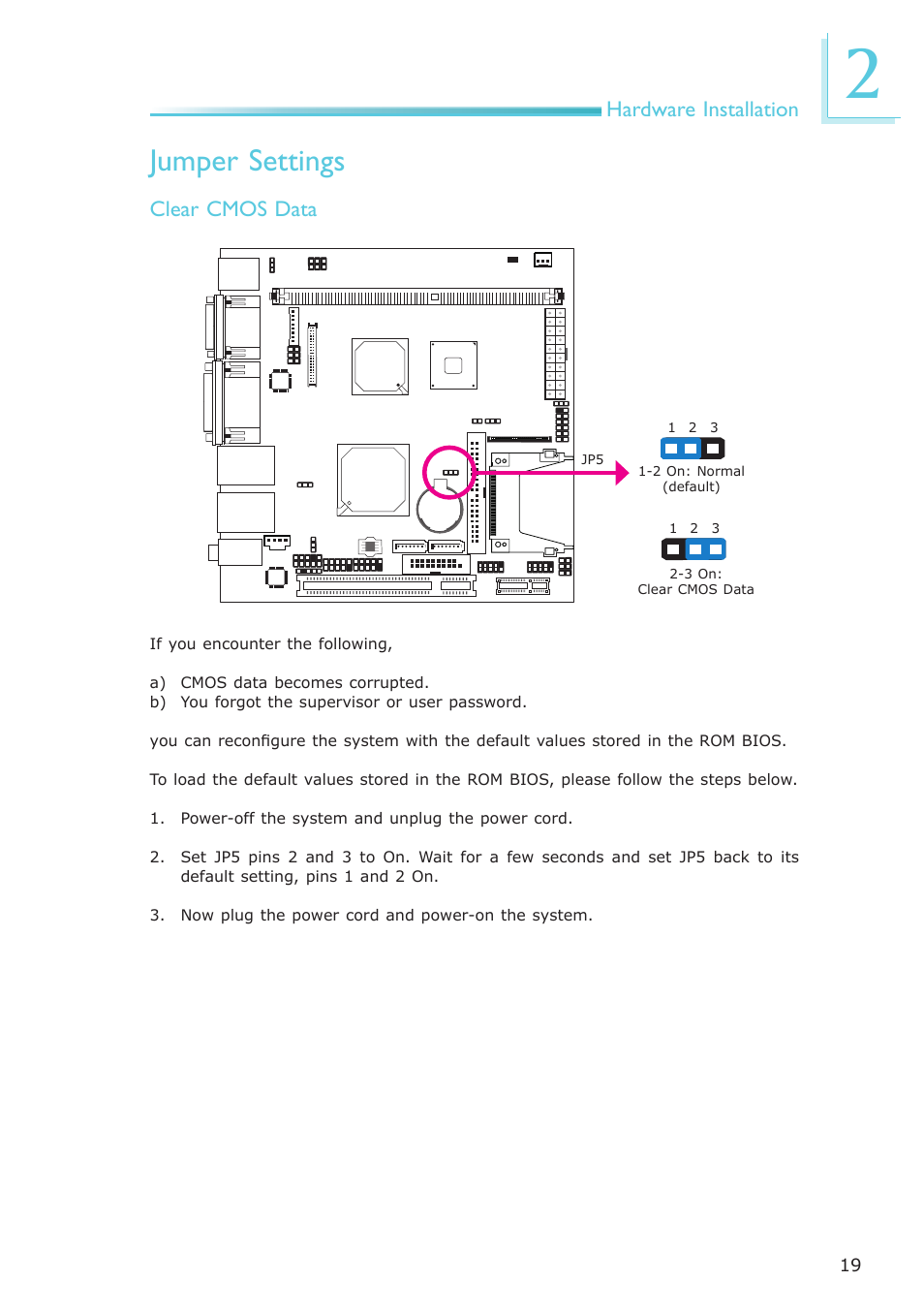 Jumper settings, Hardware installation, Clear cmos data | DFI NP100-N16C User Manual | Page 19 / 149