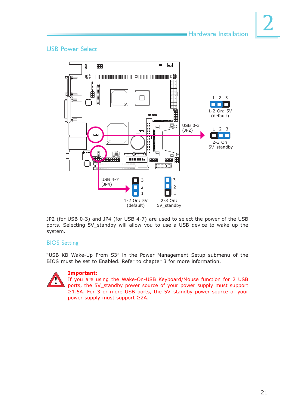 Hardware installation, Usb power select, Bios setting | DFI NP100-N16C User Manual | Page 21 / 149