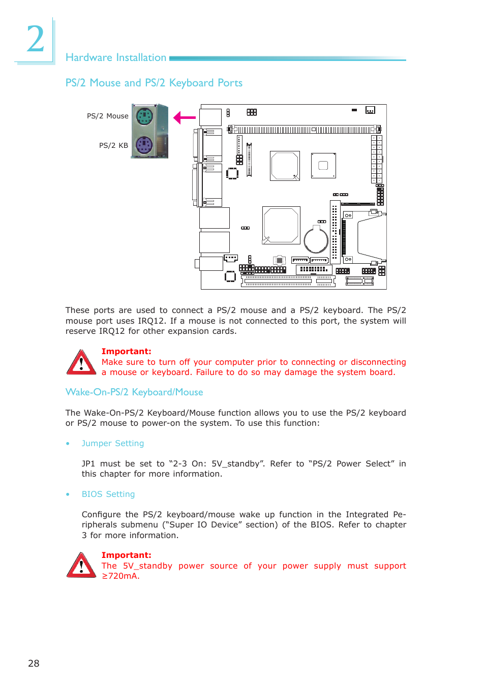 Hardware installation, Ps/2 mouse and ps/2 keyboard ports | DFI NP100-N16C User Manual | Page 28 / 149