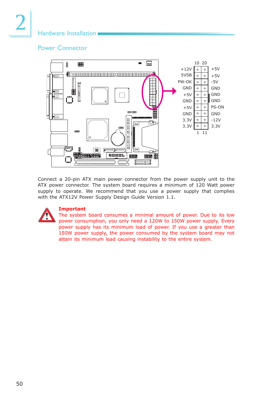 Hardware installation, Power connector | DFI NP100-N16C User Manual | Page 50 / 149
