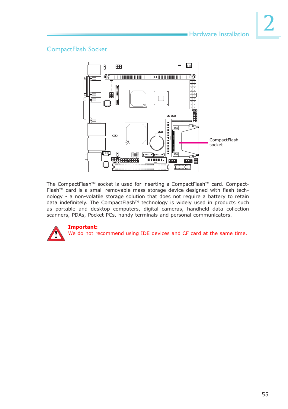 Hardware installation compactflash socket | DFI NP100-N16C User Manual | Page 55 / 149