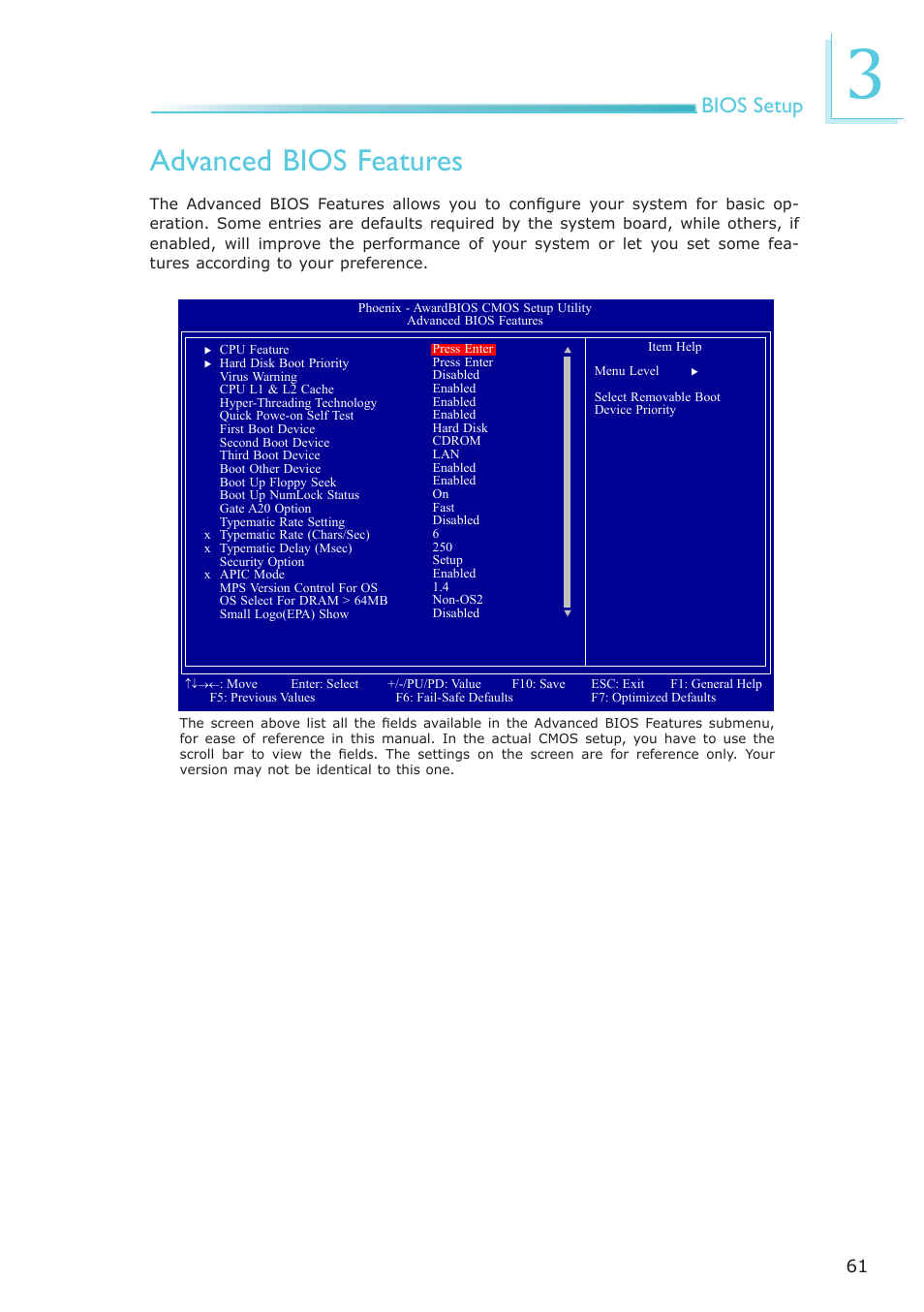 Advanced bios features, Bios setup | DFI NP100-N16C User Manual | Page 61 / 149