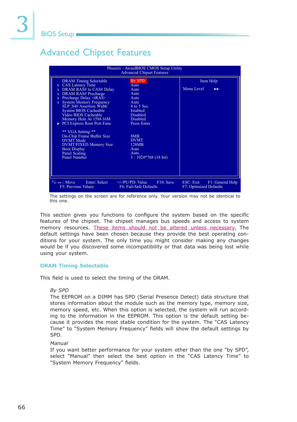 Advanced chipset features, Bios setup | DFI NP100-N16C User Manual | Page 66 / 149