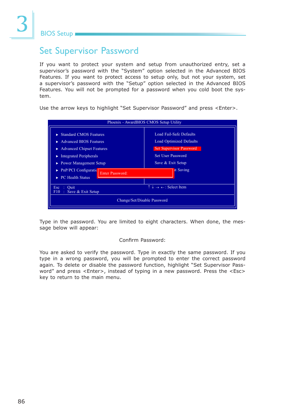 Set supervisor password, Bios setup | DFI NP100-N16C User Manual | Page 86 / 149