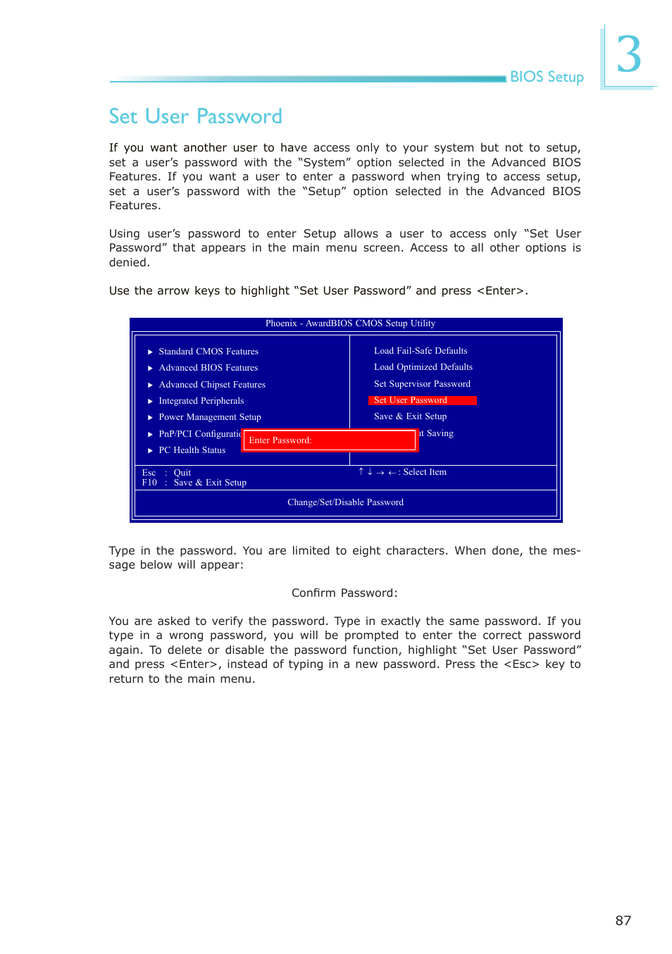 Set user password, Bios setup | DFI NP100-N16C User Manual | Page 87 / 149