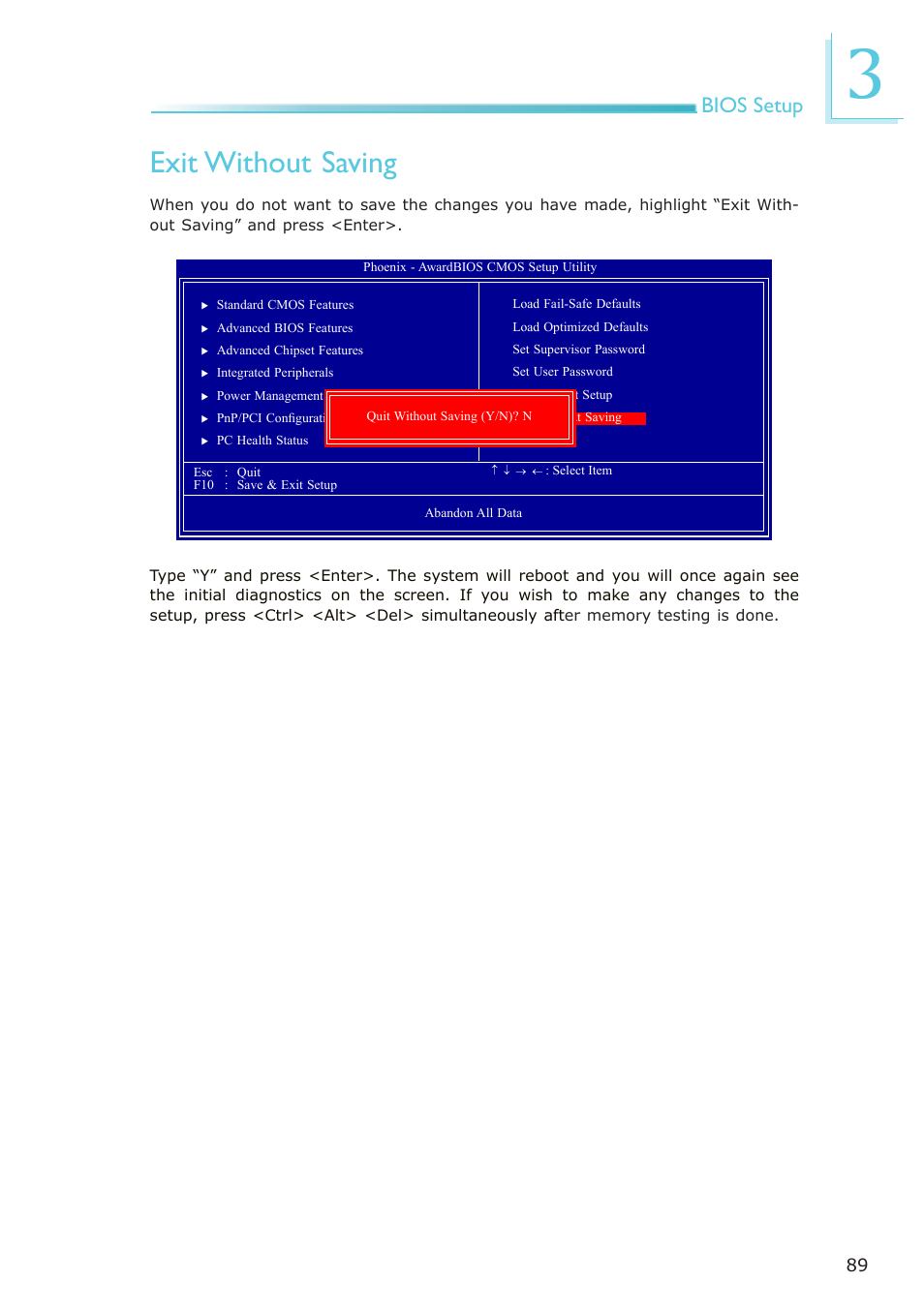 Exit without saving, Bios setup | DFI NP100-N16C User Manual | Page 89 / 149