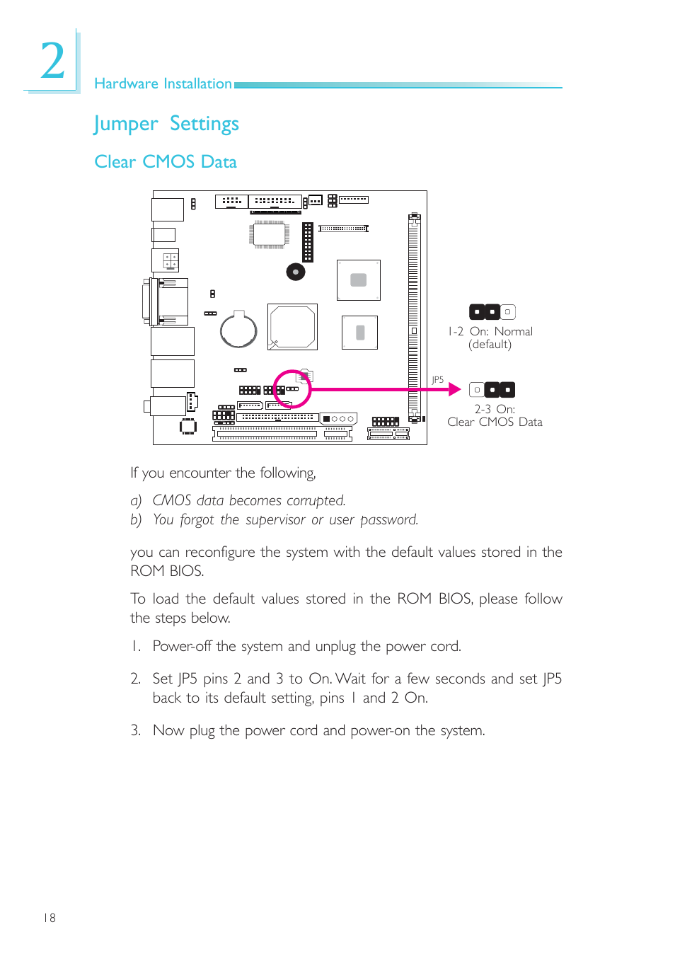 Jumper settings, Clear cmos data | DFI NP101-D16C User Manual | Page 18 / 150