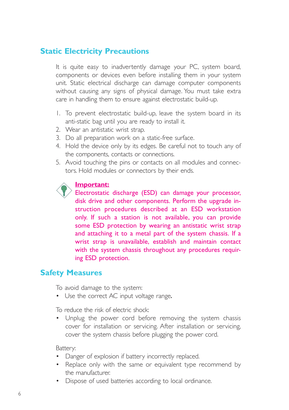 Static electricity precautions, Safety measures | DFI NP101-D16C User Manual | Page 6 / 150