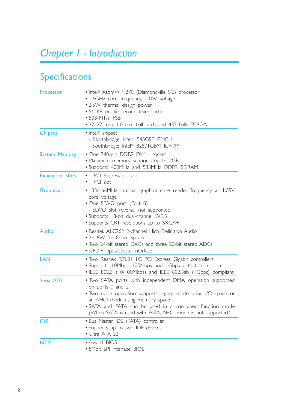 Chapter 1 - introduction, Specifications, Introduction | DFI NP101-D16C User Manual | Page 8 / 150