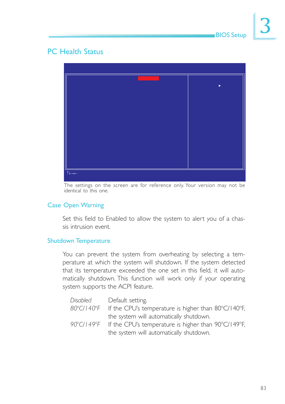 Pc health status, Bios setup, C/140 | Fif the cpu’s temperature is higher than 80, F, the system will automatically shutdown. 90, C/149, Fif the cpu’s temperature is higher than 90, F, the system will automatically shutdown | DFI NP101-D16C User Manual | Page 83 / 150