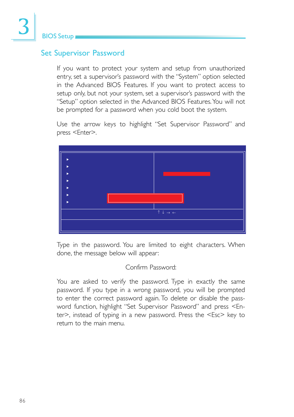 Set supervisor password, Bios setup | DFI NP101-D16C User Manual | Page 86 / 150