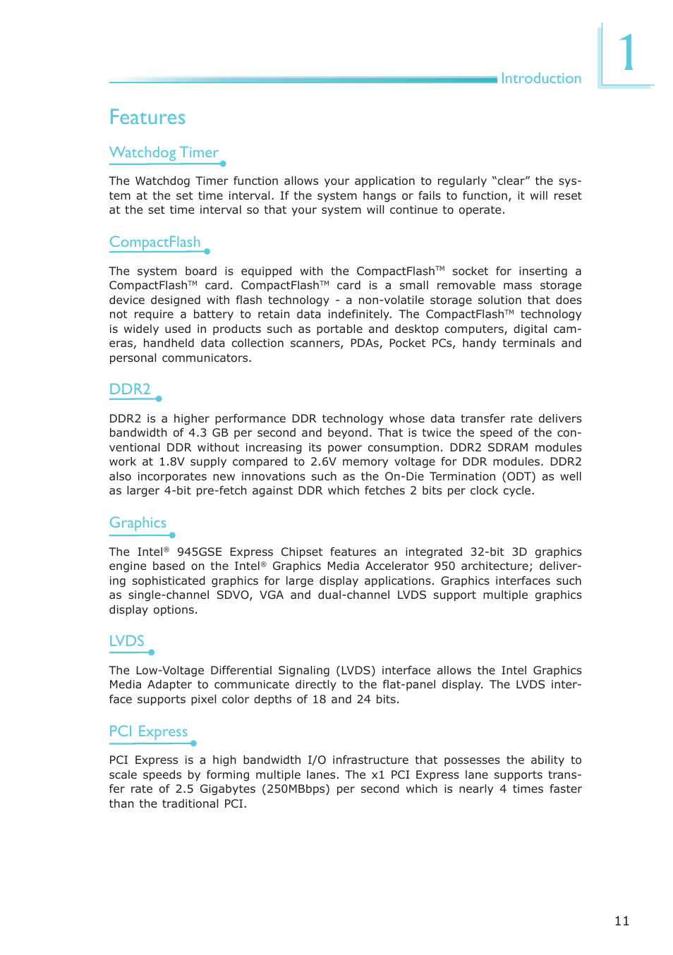 Features, Introduction, Watchdog timer | Compactflash, Ddr2, Graphics, Lvds, Pci express | DFI NP102-N16C User Manual | Page 11 / 144