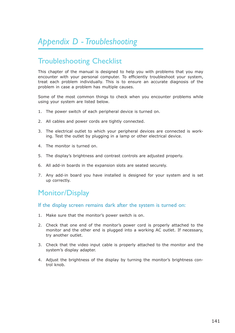 Appendix d - troubleshooting, Troubleshooting checklist, Monitor/display | DFI NP102-N16C User Manual | Page 141 / 144