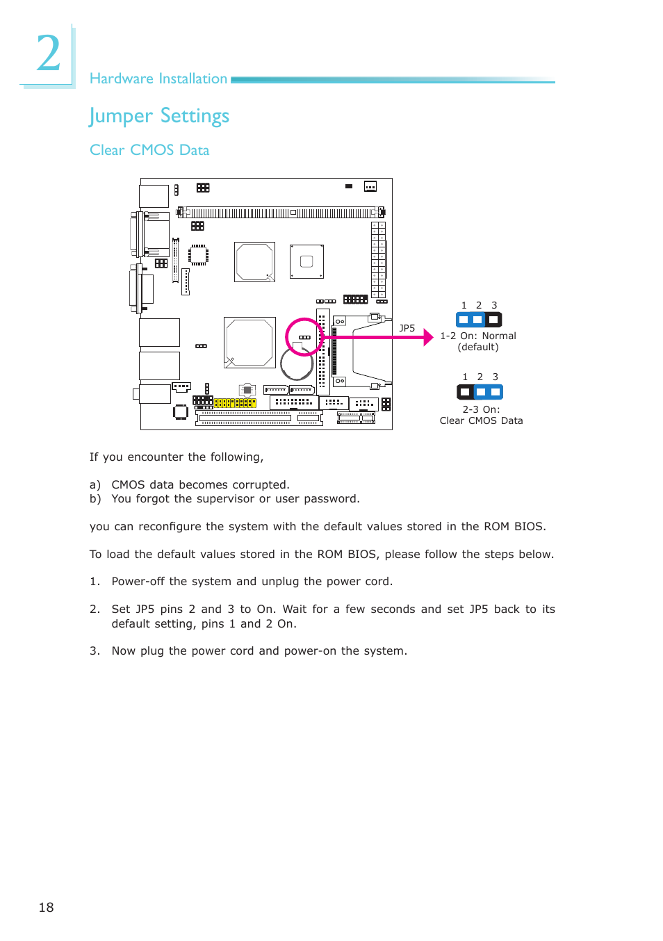 Jumper settings, Hardware installation, Clear cmos data | DFI NP102-N16C User Manual | Page 18 / 144