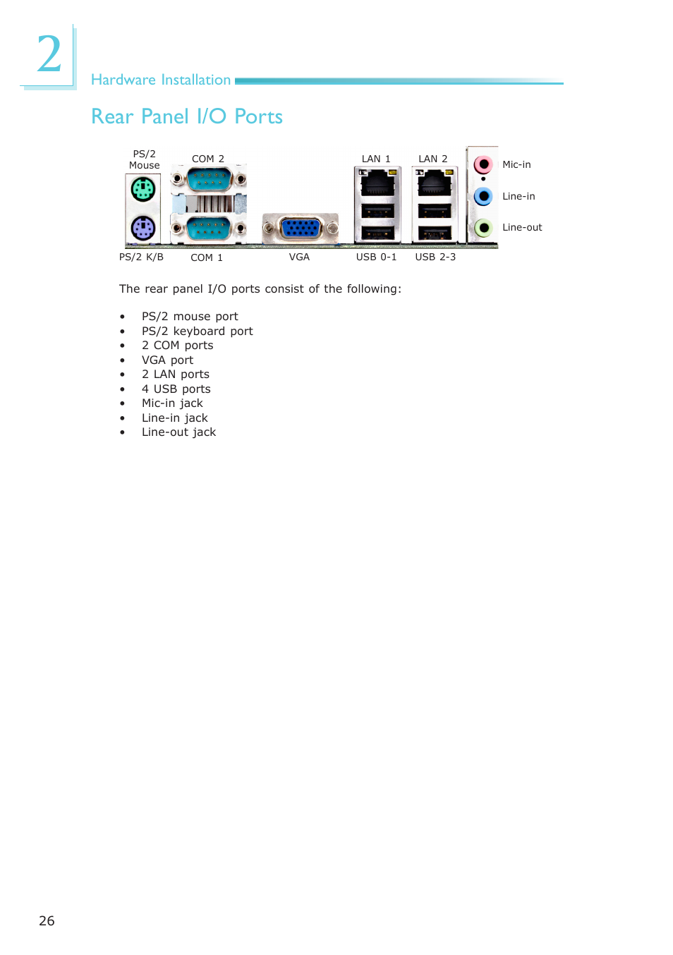 Rear panel i/o ports, Hardware installation | DFI NP102-N16C User Manual | Page 26 / 144