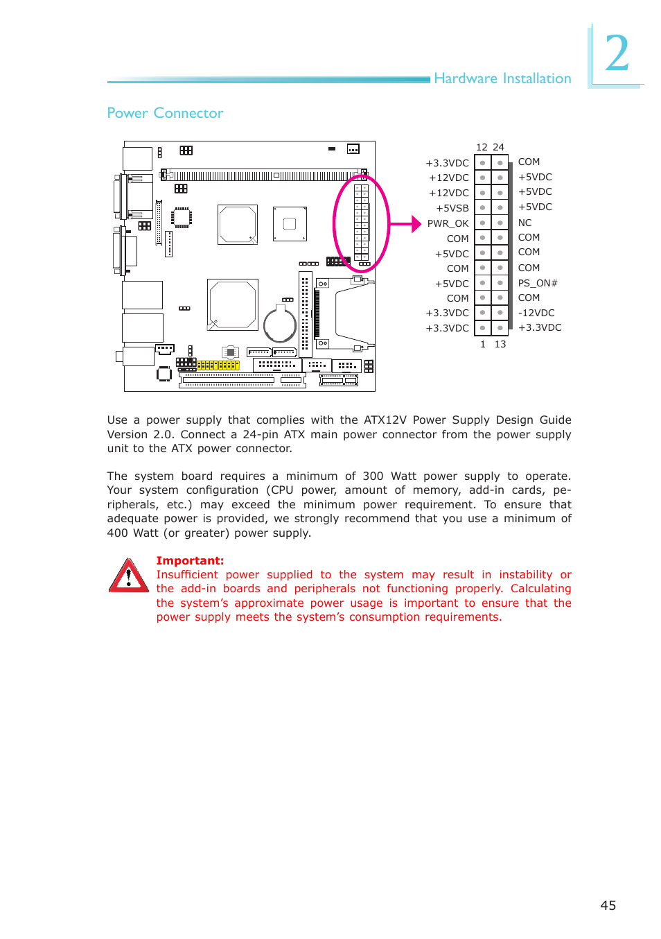 Hardware installation, Power connector | DFI NP102-N16C User Manual | Page 45 / 144