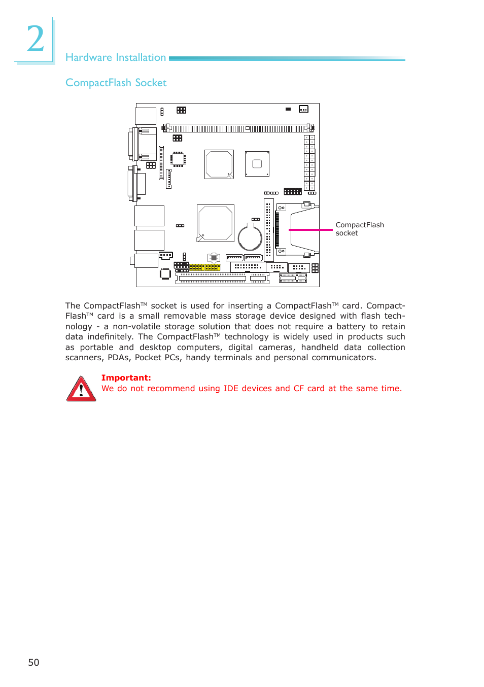 Hardware installation compactflash socket | DFI NP102-N16C User Manual | Page 50 / 144