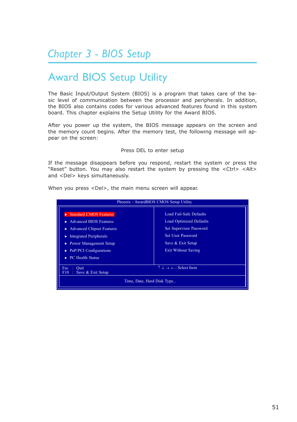 Chapter 3 - bios setup, Award bios setup utility, Chapter 3 - bios setup award bios setup utility | Bios setup | DFI NP102-N16C User Manual | Page 51 / 144