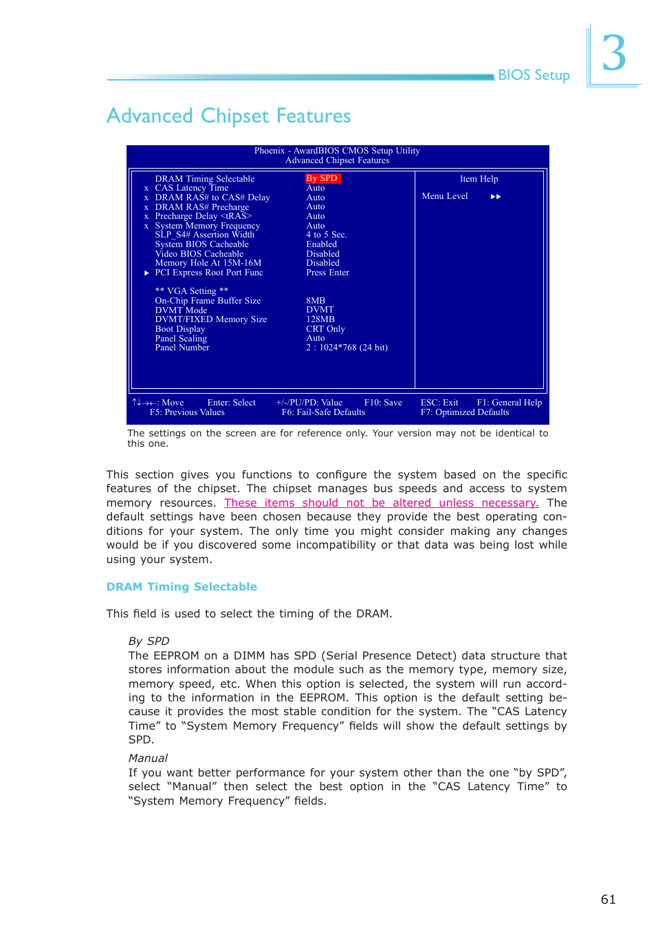 Advanced chipset features, Bios setup | DFI NP102-N16C User Manual | Page 61 / 144