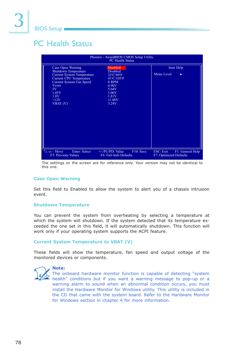 Pc health status, Bios setup | DFI NP102-N16C User Manual | Page 78 / 144