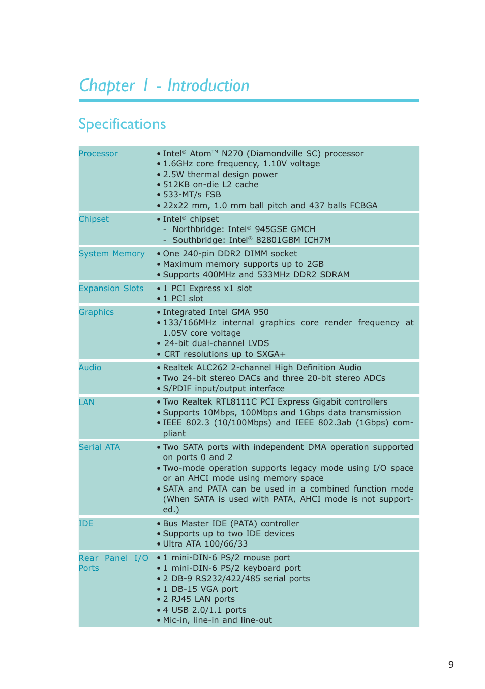 Chapter 1 - introduction, Specifications, Introduction | DFI NP102-N16C User Manual | Page 9 / 144