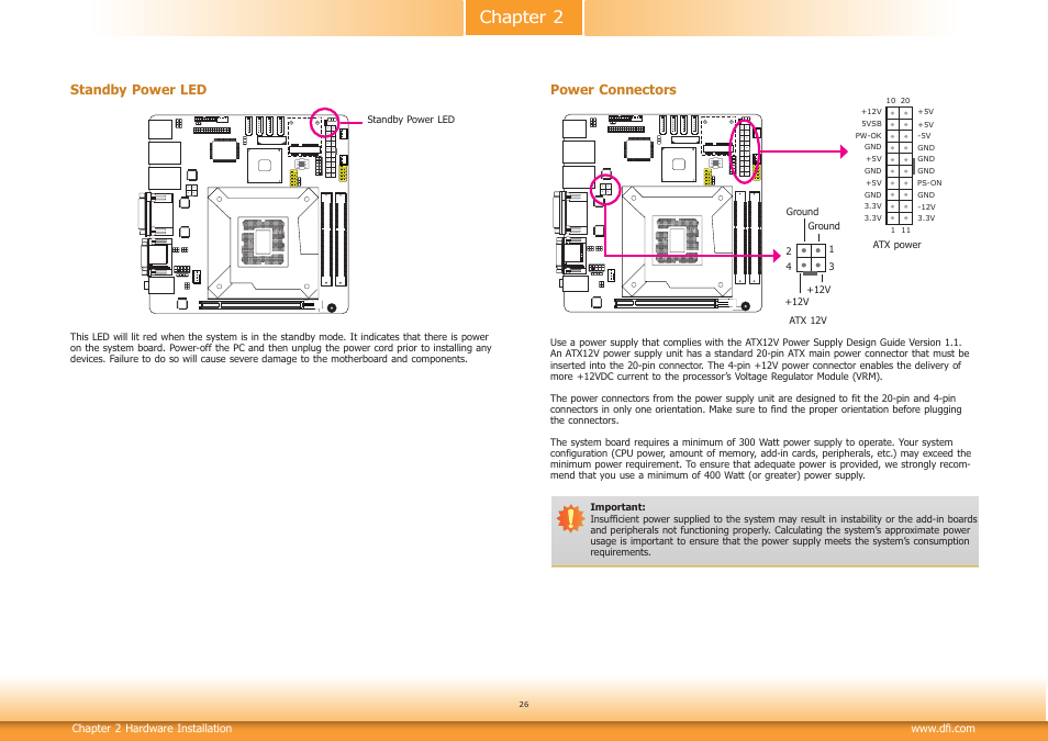Chapter 2, Power connectors, Standby power led | DFI SB102-D User Manual | Page 26 / 60